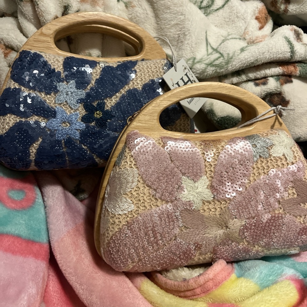 Floral Sequin Handbag Set - Blue and Pink